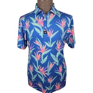 Bad Birdie "Paradisio" Golf Polo - Blue Birds of Paradise Floral - Men's L